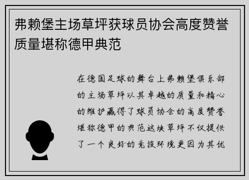 弗赖堡主场草坪获球员协会高度赞誉质量堪称德甲典范